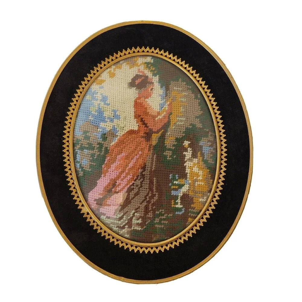 Vintage Needlepoint Handmade Women With Dog Velvet And Brass Ormolu Wood Frame
